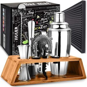 9. Bartender Mixing Tool Kit with Elegant Wooden Stand