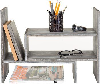 2. MyGift Distressed Gray Wood Adjustable Desktop Bookshelves
