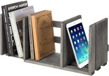 3. MyGift Expandable Gray Wood Desktop Bookshelf Organizer Rack