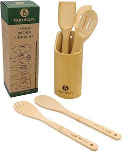 3. BAMBONI Wooden Spoons Organic Bamboo Utensils Set, 6 pieces