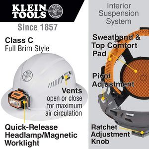 5. Klein Tools Hard Hat, Vented, Full Brim with Headlamp