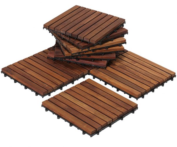 Bare Decor EZ-Floor Interlocking Flooring Tiles in Solid Teak Wood Oiled Finish (Set of 10), Long 9 Slat