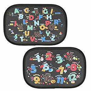 Intipal Pack of 2 Static Cling Baby Car Window Sun Shade - Auto Sunshades Protector with Cartoon Pattern to Block Damaging UV Rays & Bright Sunlight & Heat for Kids Child Pets (Letters & Numbers) - Car Window Sunshades