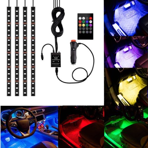 4Pcs Multicolor Car RGB LED Strip Light, YANF DC12V/72LEDs Car Glow Interior Atmosphere Floor Lights Neon Under Dash Lighting Kit with Sound Music Active Function and Wireless Remote Control