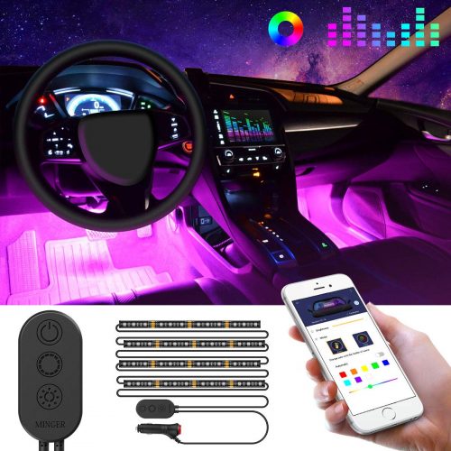 Unifilar Car LED Strip Light, MINGER APP Controller Car Interior Lights, Waterproof Multicolor Music Under Dash Lighting Kits for iPhone Android Smart Phone, Car Charger Included, DC 12V