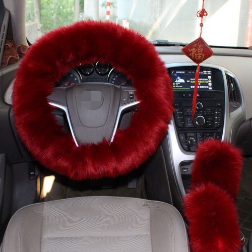 1 Set 3 Pcs Steering Wheel Cover Faux Wool HandBrake Set Warm Winter (Wine Red) - steering wheel covers