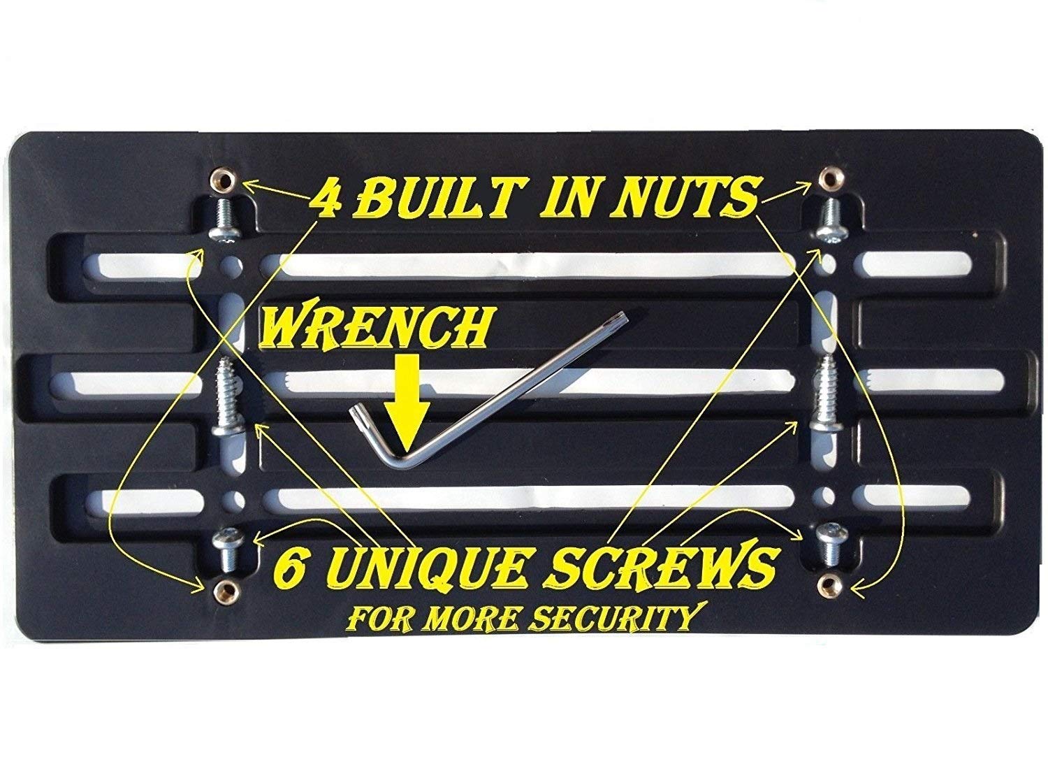 Trunknets Inc Universal Front Bumper License Plate Bracket + 6 Unique Screws and Wrench Kit